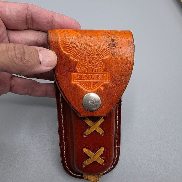 Harley-Davidson Brown and Orange Leather Bag with Cross-Stitch Design - Picture 12 of 17